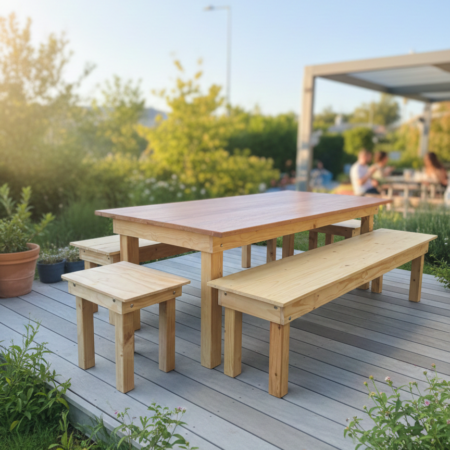 Meranti and Pine wooden table and bench set