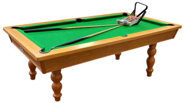 Preowned Solid Oak Pool Table with Dining Top & 6 Matching Chairs