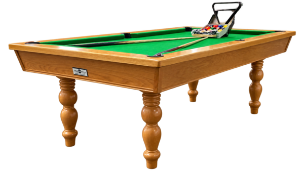 Preowned Solid Oak Pool Table with Dining Top & 6 Matching Chairs
