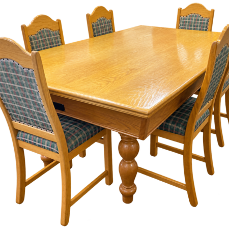 Homepage 20 Preowned Solid Oak Pool Table with Dining Top & 6 Matching Chairs