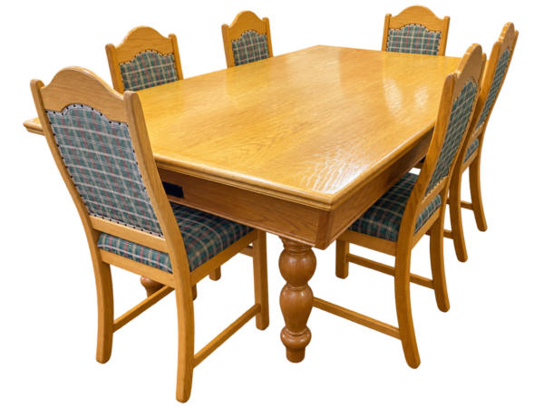 Preowned Solid Oak Pool Table with Dining Top & 6 Matching Chairs